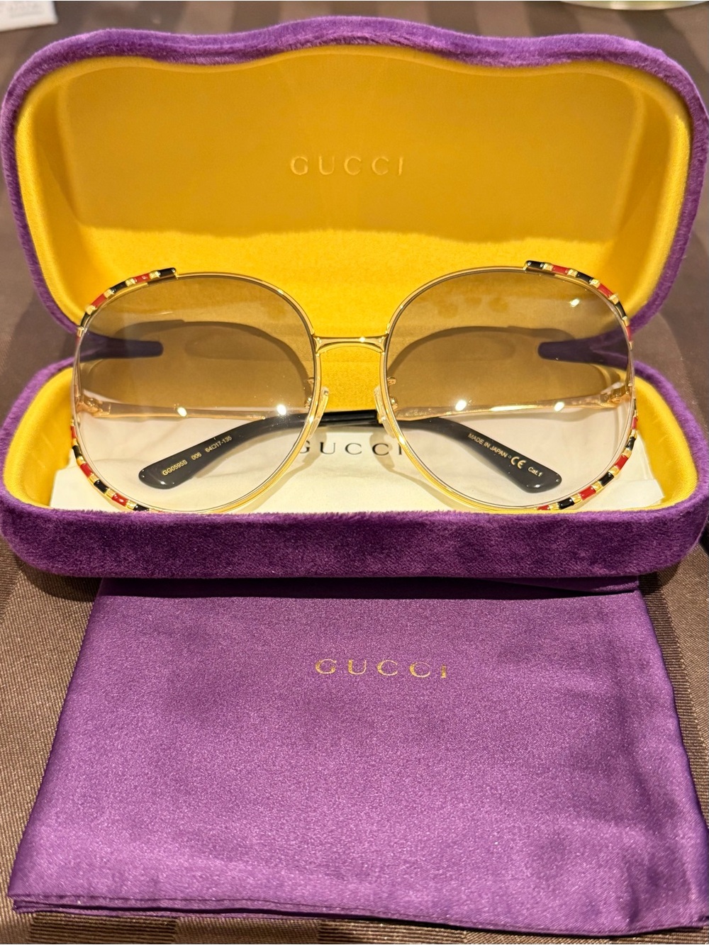 Gucci Gold Frame Gradient Brown Lens Round Sunglasses with Black Temples